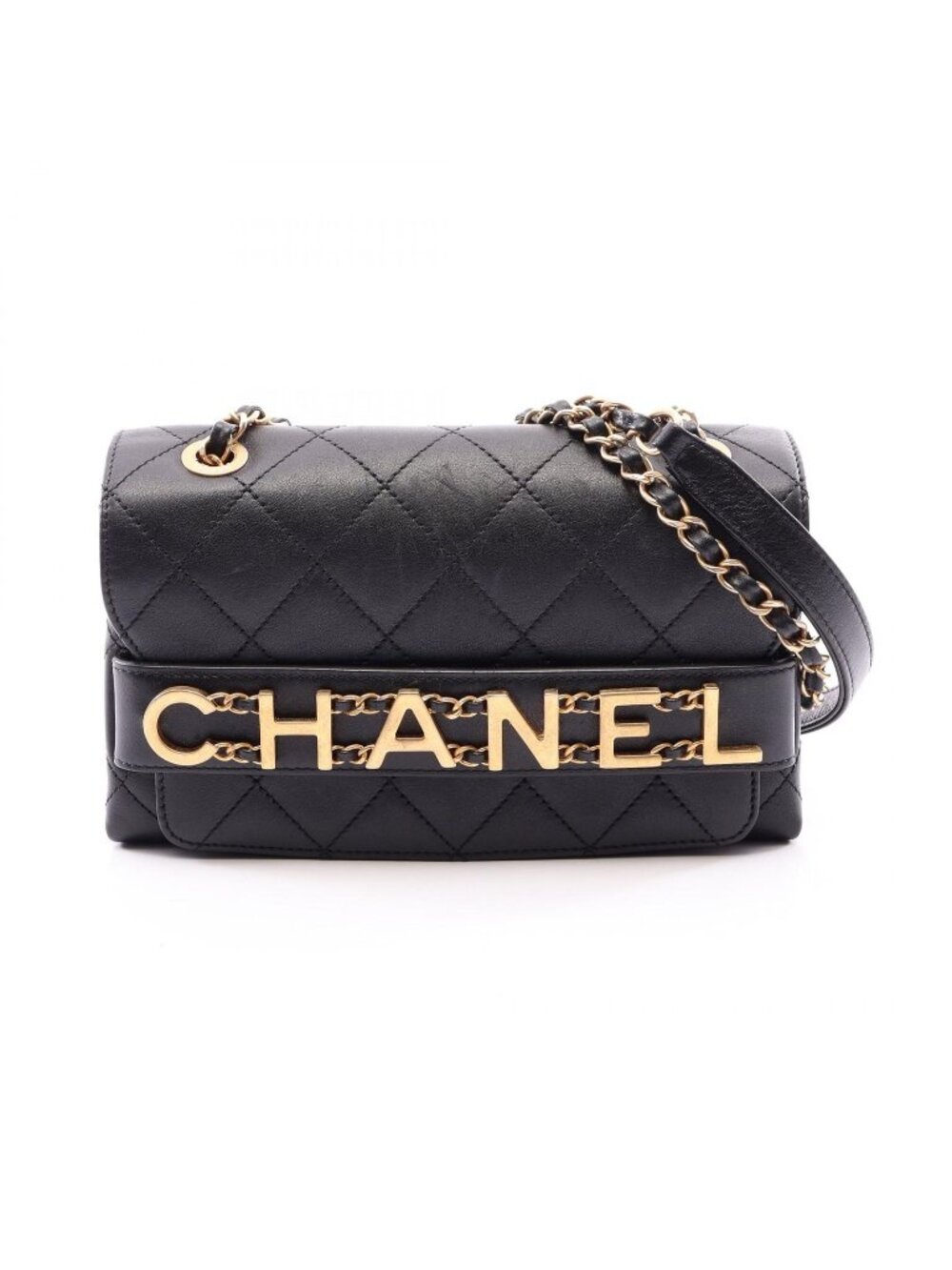 Chanel Shoulder Bag Quilted Logo Black Lambskin Chain